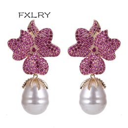 Dangle Chandelier FXLRY Fashion Rose red Big Flower Full stone Setting Irregular Pearl Drop Earring Wedding bride Party Jewellery Gift 230621