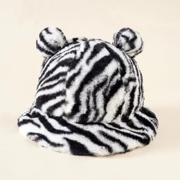 Beanies Beanie/Skull Caps Zebra Striped Animal Ears Bucket Hat Faux Fur Bear Fluffy Warm Fisherman Cap Valentines Gifts