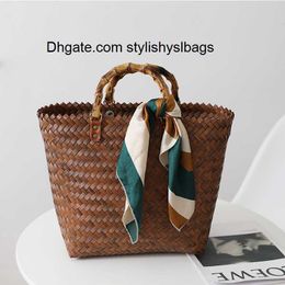 Evening Bags New portable large-capacity straw bag tote bag retro silk scarf hand-woven bag female wild vegetable basket bag