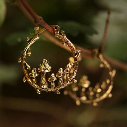 Dangle Chandelier Ancient gold Color Tree Branch Hoop Earrings Carved Metal Mushroom Tribal Drop for Women Jewelry 230621