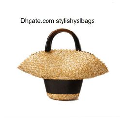 Stuff Sacks New style retro webbing decorated wheat straw bag travel beach handbag