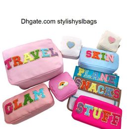 Cosmetic Bags Cases Travel Stuff Letter Patches Embroidery Patch Personalise Toiletry Pouch Waterproof Storage Nylon Travel Makeup Bag Organiser