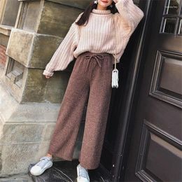 Women's Pants & Capris Gowyimmes Big Size Women High Waist Kinitting Trousers Knitted Cotton Casual Wide Leg Pant Female Ankle-Length PD167