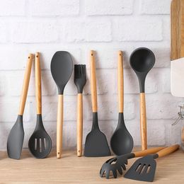 Cooking Utensils 1PC Silicone Wood Soup Spoon Spatula Brush Scraper Grey Oil Kitchen Tools Kitchenware Cookware 230621