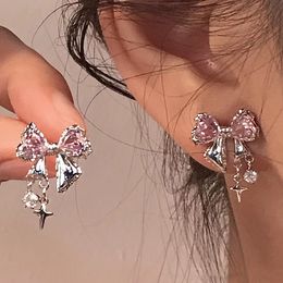 Stud Y2K Bowknot Zircon Earrings for Women Fashion Korean Silver Color Pink Crystal Personality Earring Girl Party Jewelry Gifts 230621