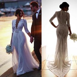 Elegant 2020 V Neck Mermaid Wedding Dresses With Detachable Train Long Sleeve Beaded Appliqued Lace Bridal Gowns Plus Size Vestido2348