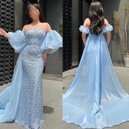 Glamorous Mermaid Prom Dresses Strapless Off the Shoulder Shining Sequins High Waist Detachable Tail Court Gown Custom Made Plus Size Party Dress Vestido De Noite