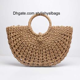 Evening Bags New straw bag paper rope round bucket hollow woven bag retro casual belt buckle hand bag