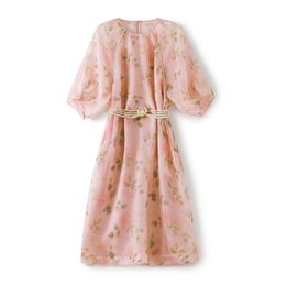 2023 Summer Pink Floral Print Waist Belted Dress 1/2 Half Sleeve Round Neck Beaded Knee-Length Casual Dresses W3L042308