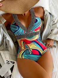 Womens Swimwear Tropical Print Knot Side Belted Swimsuit Women Push Up Stitch Detail Monokini Beach Bathing Suit 230620