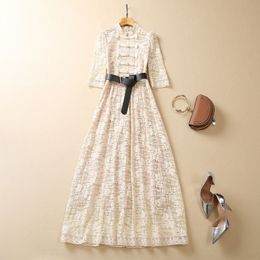 Women's Summer Lace Pleated Dress With Stand-Up Collar And Button Closure, XXL