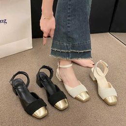 Lady Sandals True Soft Leather Baotou Women's French Fairy Small Fragrant Square Head Versatile Medium Thick High Heels Mary Jane Single Shoes 230615