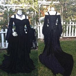 Gothic Style Black Wedding Dresses Off Shoulder 2021 Long Puffy Sleeves Lace Corset Bodice A Line Wedding Bridal Gowns Plus Size A275g