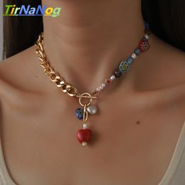 Strands Strings European And American Fashion Baroque Imitation Pearl Necklace Bohemia Crystal Heart Shaped Flowers Collarbone Chain 230621