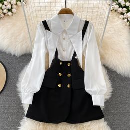 Two Piece Dress England Style Overall Dress Two Piece Set Women Spring New Pointed Lapel White Shirt + Double-breasted Suspender Skirt Suits 2023