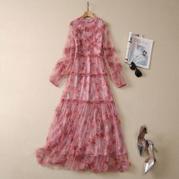 2023 Summer Autumn Red Floral Tulle Panelled Dress Long Sleeve Round Neck Long Maxi Casual Dresses S3L220621
