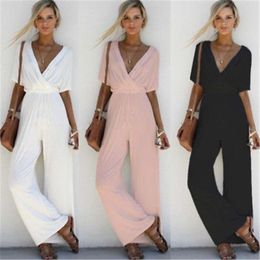 2022 New Summer Women V-Neck Loose Playsuit Jumpsuit Ladies Short Sleeve Loose Wide Leg Long Outfit Beach Cover