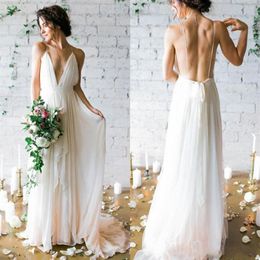 2020 Simple Sexy Plunging V Neck Straps Spaghetti Sheath Chiffon Wedding Dresses Backless Long Cheap Bridal Gowns Summer Beach Wed227A