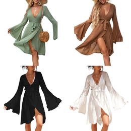 Solid Colour Beach-Cover Up for Women Open Front Kimono Cardigan Fashion Bikinis Cover Up-Bell Long Sleeves