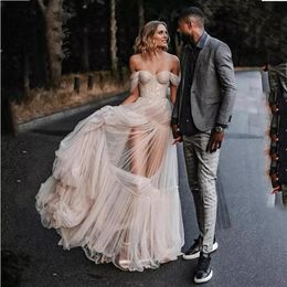 Beach Wedding Dresses Boho Off the shoulder Lace Appliqued Bridal Gowns Sleeveless Illusion Elegant Bohemian Ivory Dresses246Q