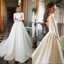 Simple Dresses Newest Boat Neck Long Sleeves Backless Ruffles Satin Wedding Gowns Vintage Bridal Dress Custom Made