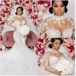 Plus Size Arabic Aso Ebi Lace Beaded Mermaid Wedding Dress High Neck Sheer Neck Long Sleeves Vintage Sexy Bridal Gowns Dresses218Q
