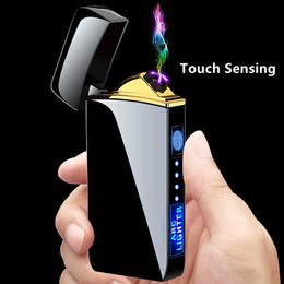 Hot Electric Windproof Metal Lighter Double Arc Flameless Plasma Rechargeable USB LED Power Display Touch Sensor TR4M