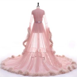 Pink Sleepwear Women Bathrobe Faux Fur Feather Nightgown Bridal Robe Bride Wedding Gowns Petite Plus Size Custom Made349M