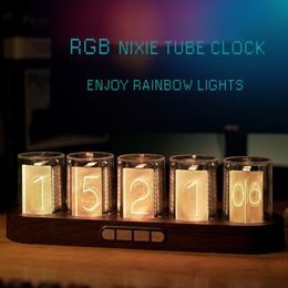 Desk Table Clocks Analogue Glow Tubes Clock RGB Nixie Tube Clock Creative Retro Digital Variable Colour Exquisite Desktop Decoration Gift 230621