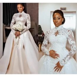 Wedding Sexy Vintage Dress Custom Made Mermaid Lace Bridal Gown Detachable Train Long Sleeve African Robe Puls Size