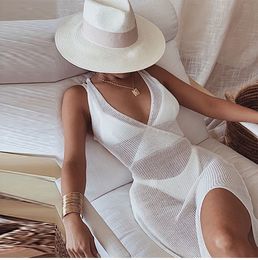 Crochet Beach Maxi Dress for Women 2022 New See Through Sexy Bikini Plunge Backless Bandage Sleeveless Lacing Split Long