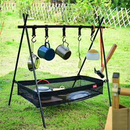 Camp Kitchen Outdoor Cookware Hanging Rack with Under Net Bag Hanging Organiser Stand Support Bracket 8kg Bearing Foldable Portable Rack 230621