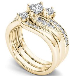 Classic 18K Gold Plated Artificial Diamond Ring European and American Micro Inlaid Zircon Three Ring Set Engagement Ring