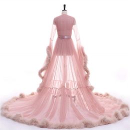Pink Sleepwear Women Bathrobe Faux Fur Feather Nightgown Bridal Robe Bride Wedding Gowns Petite Plus Size Custom Made2664