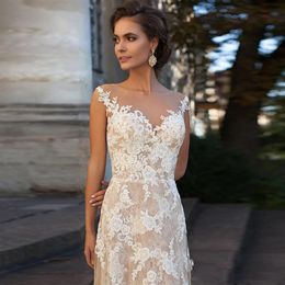 Lace Wedding Dress Illusion Neckline Appliques Vintage Bridal Gowns Robe De Mariage Sheath Sheer Back Vestido1827