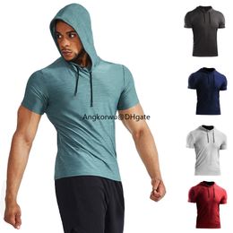 LU LU LEMONS Yoga Suit Men High Neck Hooded Quick Drying Gym Muscle Training Top Slim Fit Breathable Basketba T shirt Soft and Suitable Casual Short Sle