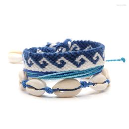 Charm Bracelets Bohemian Stack 3PC Set Blue Tide Wave Cowrie Seashells Multistring Macrame Friendship Bracelet Women Men Shells Thread Jewel