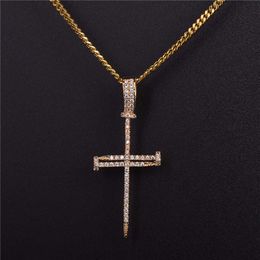 Pendant Necklaces Nail Cross Gold Color Copper Material Iced Rock Street Necklace Chain Fashion Hip Hop Jewelry 230621