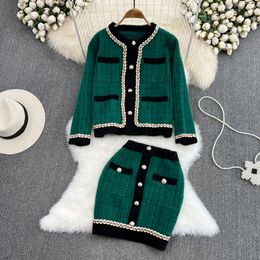 Two Piece Dress Soft Imitation Mink Fleece Sweater Skirt Suits Female Fall Winter Retro Plaid Knitted Cardigan Mini Skirt Women Two Piece Set 2023