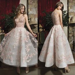 Floral Fabulous Rosa Prom Vestidos Aplicados Jóia Sheer Jóia Uma linha Botões de vestidos de noite curtos de volta para o tornozelo do tornozelo