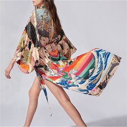 2021 Summer Women Fashion Print Long Sleeve Cardigan Female Blouse Loose Casual Cover Up Shirts Beach Kimono