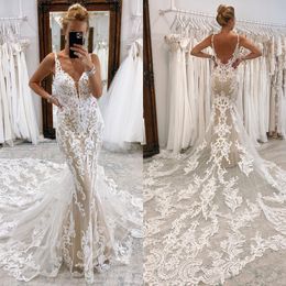 Fashion Mermaid Dresses Nude Lining Spaghetti Lace Dress Sweep Train Backless Wedding Bridal Gowns