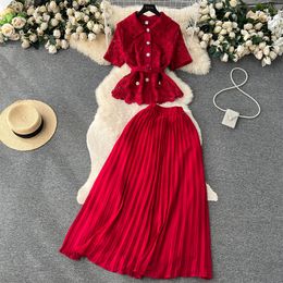 Two Piece Dress French Suits Women's New Fashion Lapel Short Sleeve Lace Tops + High-waist Pleated Skirt Solid Color Elegant Two-piece Sets 2023