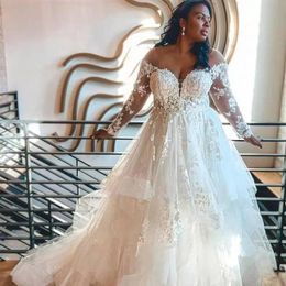 Plus Size A Line Abiti da sposa Maniche lunghe Puffy Tulle Abiti da sposa Appliqued Pizzo Increspato Aperto Indietro Abito da sposa africano Vestido202Q