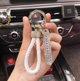 Anti-lost Car Keychain Phone Number Card Keyring Leather Bradied Rope Auto Vehicle Diamond Key Chain Holder Accessories Gift for Husband