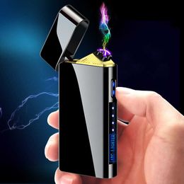 New Metal Double Arc Windproof Men's Gift LED Screen Touch Sensor USB Rechargeable Portable Lighter Cigarette Accessories D9G6