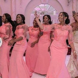 2023 Gorgeous blush pink Mermaid african Plus Size Bridesmaid Dresses long sleeves Wedding Guest Dress vintage lace Cheap formal Prom gowns