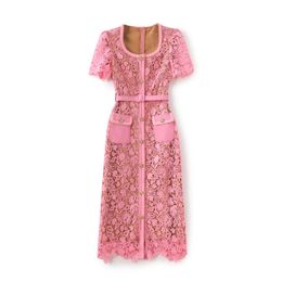 2023 Summer Pink Solid Colour Embroidery Dress Short Sleeve Square Neck Buttons Midi Casual Dresses W3L043105