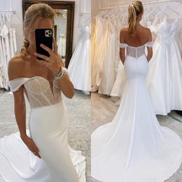 Elegant Mermaid Dresses Off Shoulder Glitter Top Wedding Dress sweep train backless wedding bridal gowns