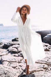 Happie Queens Women White Lace Deep V-neck Beach Bohemian Kimono Dress Robe Lady Rayon Summer Boho Bikini